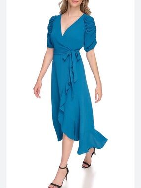 Kensie Teal Wrap Maxi Dress with Ruched Sleeves size 6